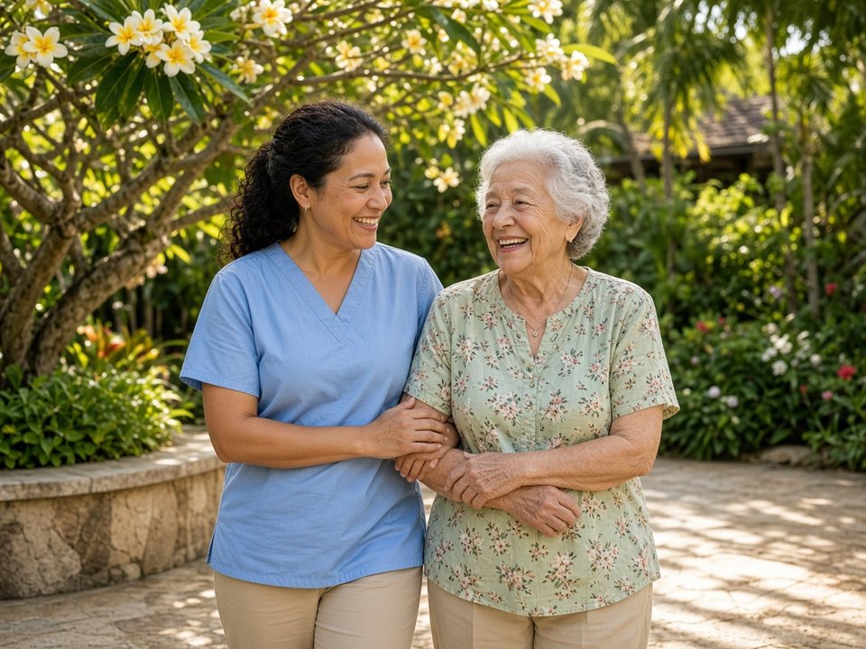 Friendly caregiver and smiling senior walking together in a shaded Kona & West Hawaiʻi tropical garden with plumeria blossoms