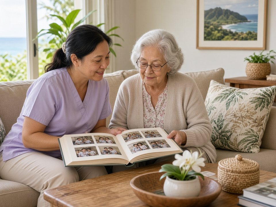 Calm supportive in-home memory care caregiver looking through a family photo album with a senior in a Kona & West Hawaiʻi living room
