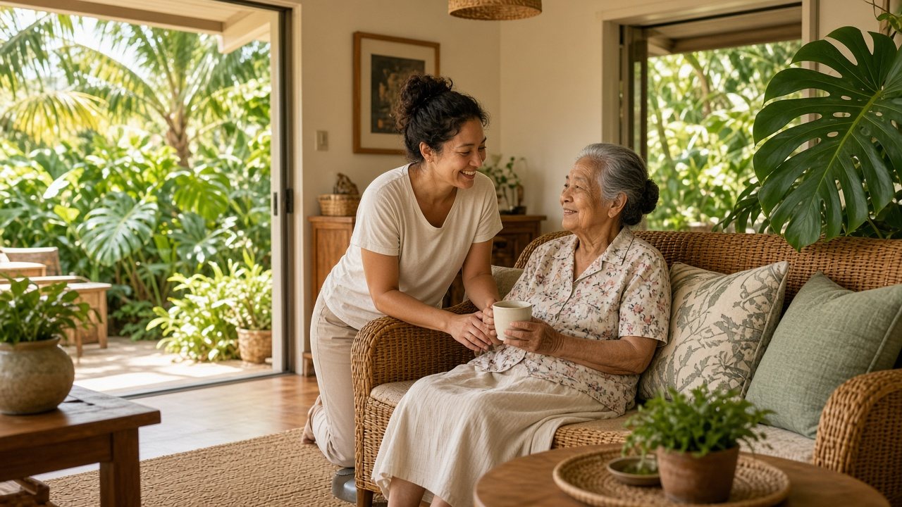 Compassionate caregiver assisting a smiling senior kupuna in a sunny Kailua-Kona West Hawaii living room opening to a tropical lanai