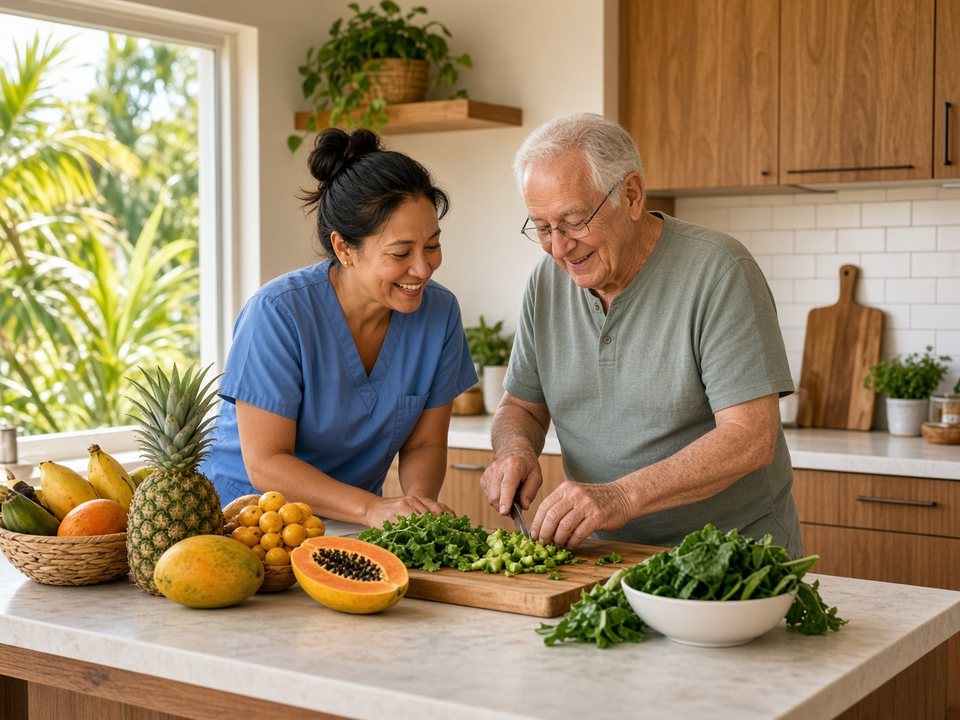 Caregiver helping an older adult with daily living activities and healthy meal preparation in a sunny Kona & West Hawaiʻi Hawaii home kitchen